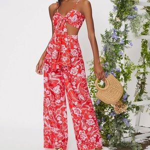 🆕Floral Print Bow Front Crop Cami Top and Wide Leg Pants Set